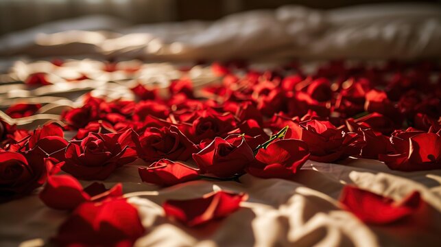 red rose petals on bed in hotel bedroom, vintage tone