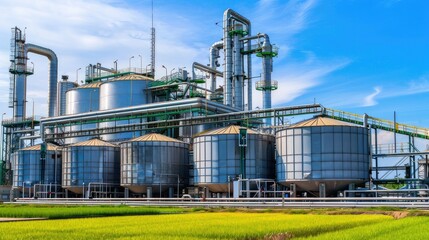 Obraz premium An overhead view of grain silos at an industrial farm, with blue sky and green fields in the background.