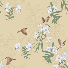 seamless pattern with white lily flowers and sparrow birds, vector drawing floral composition , flowering garden , cover design, hand drawn natural illustration
