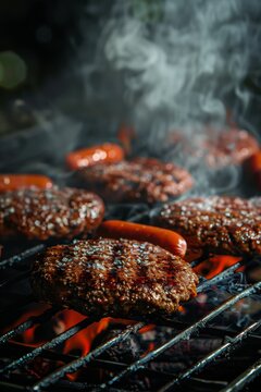 A delicious and juicy burger and sausages are grilled to perfection on a hot grill.