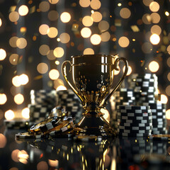 champion cup and stacks of casino chips, gold black colors, beautiful lighting effects, intricate details, epic, cinematic 