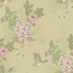seamless pattern with spring flowering honeysuckle, lilac, wild rose , butterfly and robin birds, vector drawing branches with flowers and green leaves , hand drawn illustration,cover design