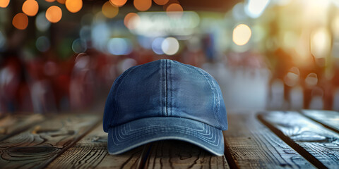 Blu cap on a wooden bar counter mockup