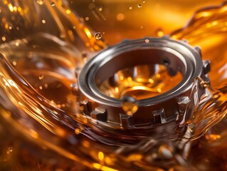 Close-up view of a metal bearing with dynamic oil splashes, symbolizing machinery lubrication and maintenance. - obrazy, fototapety, plakaty