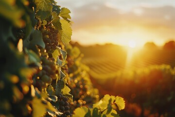 A picturesque view of a vineyard bathed in the golden light of a setting sun, with grapevines extending into the horizon. - obrazy, fototapety, plakaty
