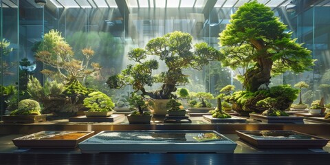 A large collection of bonsai trees are displayed on tables in a greenhouse