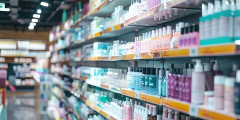 A bustling Korean beauty store, the shelves are lined with rows of brightly printed packaging filled with innovative skincare and cosmetics.