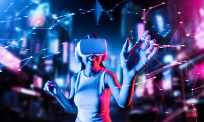 Blurry female standing in cyberpunk style building in meta wear VR headset connecting metaverse,...