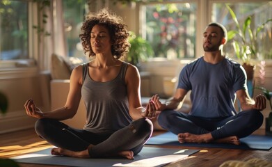 Couple practicing yoga together in a peaceful home setting