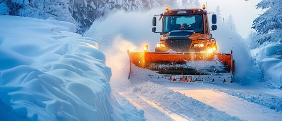 A snowplow truck clearing a wide path through deep snow on a cold winter day.