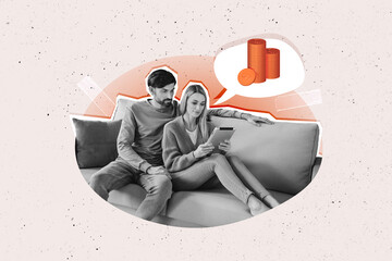 Creative image collage sitting couple spouse sofa tablet internet trading funds golden coins...