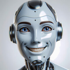 Friendly and smiling A.I robot on a clean white background