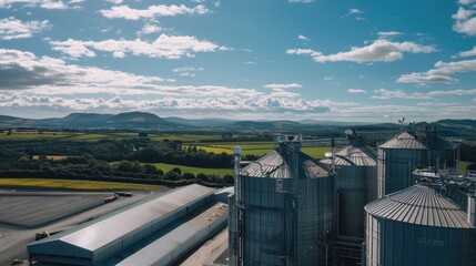 Fototapeta premium An overhead view of grain silos at an industrial farm, with blue sky and green fields in the background.