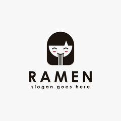 A cute happy girl eating noodles ramen logo icon vector template on white background