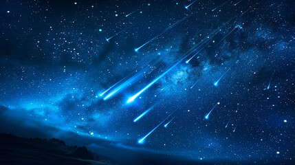 Bright blue comets streak across a night sky of indigo velvet, the swift, brilliant passage of information through the cosmos. - obrazy, fototapety, plakaty