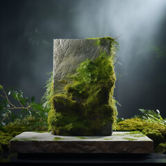 Sustainable rock stone with green moss and plants in sunlight, nature conservation concept, ESG Rocky stone with moss and plants, artificial waterfall and tropical plants in glass dome