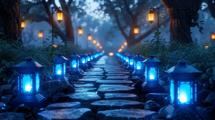 Neon blue lanterns light a path through a twilight forest of slate grey, guiding steps in the serene journey of digital exploration.