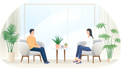 mental health, therapy session in progress, illustration style