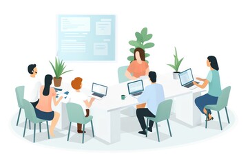 internal communication, office team meeting, illustration style