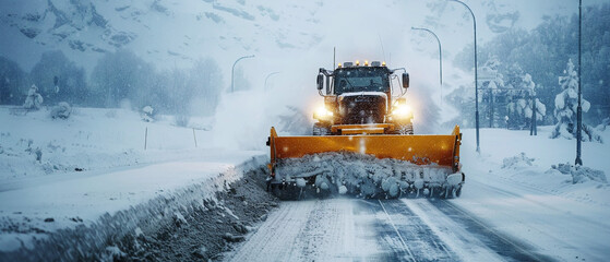 A snowplow works to clear a snowy road during a blizzard in a winter storm.