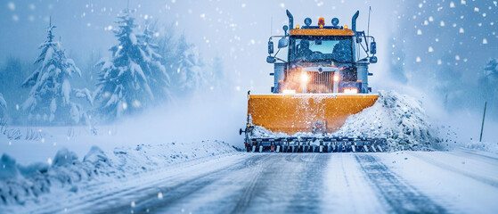 A snowplow truck clearing a snow-covered road during a blizzard on a winter day.