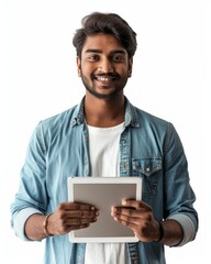 Happy smiling indian business man employee or manager standing isolated on gray background holding using digital tablet advertising online product, business trainings webinars, websites or services.