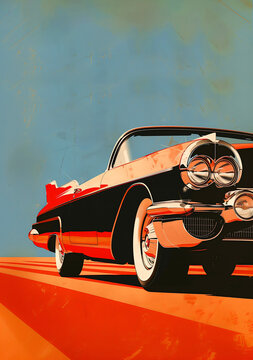 affiche illustrée représentant une voiture dans le style américain (fictive) vue de devant avec espace vide pour texte