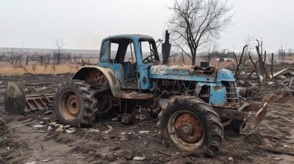 Photo of an old blue tractor and plow, damaged in the style of shelling in the Ukrainian landscape near the village.