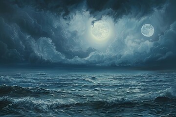 Moonlit seascape with dark storm clouds on a transparent white backdrop, evoking a sense of mystery and adventure