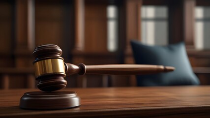 Gavel in a courtroom, symbolizing the essence of law and authority