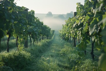 Early morning view of a lush vineyard, with the sun casting a soft glow over the rows of grape...