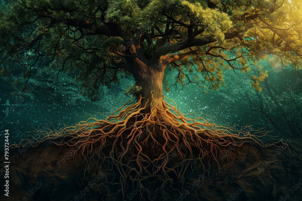 Poster mystical tree of life with intricate roots and branches, symbolizing interconnectedness and unity in