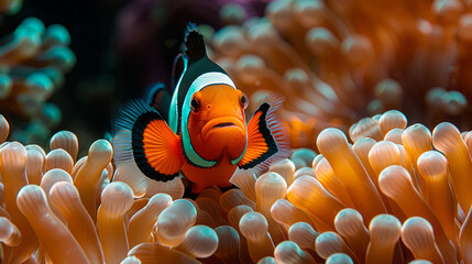 Clownfish, the vibrant denizens of the Sea anemones, captured in exquisite underwater detail, a rich marine biodiversity and the allure of scuba diving in its pristine waters.