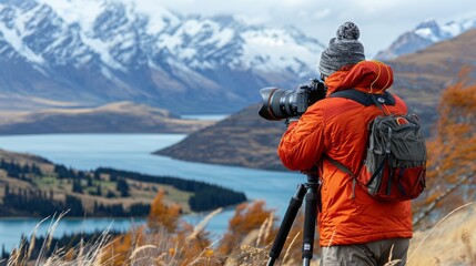 Authentic professional travel photographer capturing the breathtaking alpine landscapes. - obrazy, fototapety, plakaty