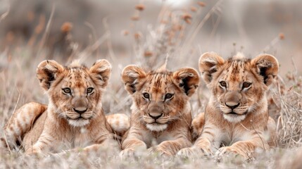 Three majestic lion cubs rest serenely amidst the golden grasses of the African savannah, embodying the continent's vibrant wildlife heritage.