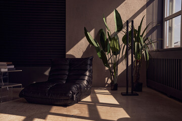 The elegant interior is set against a background of sunlight and a banana tree in pots.The interior is designed in a masculine style with a black leather sofa with space for copying.High quality photo
