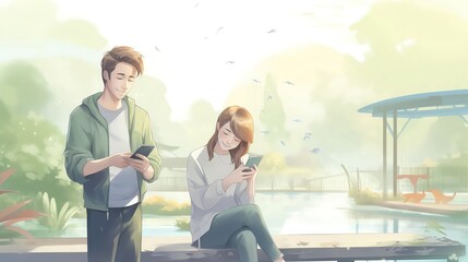 Two teenagers exchanging contact information on their phones, casual outdoor setting, youthful and connected