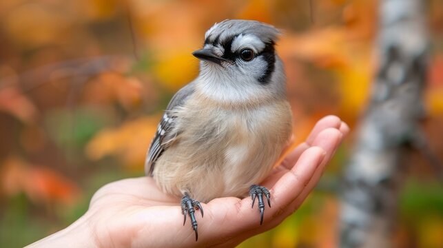 A Gray Jay perched on a photographer's gloved hand, its piercing gaze locked on the camera lens, showcasing the unique beauty of North American.