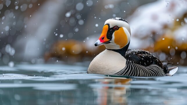 The King Eider is a large sea duck with a distinctive appearance and a limited breeding range in northern regions.