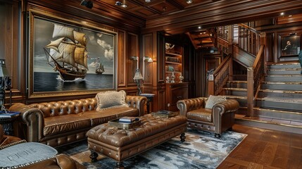 A living room with wood-paneled walls and ceiling, furnished with two leather couches, an ottoman, and a patterned rug. 