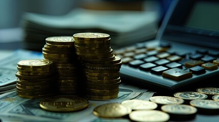 A stack of Ukrainian hryvne banknotes with a calculator on a black background.