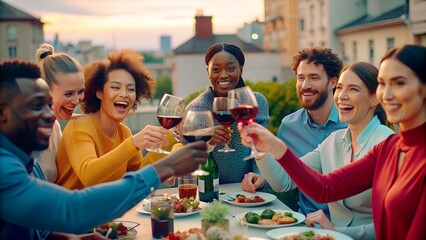 Obraz premium Joyful Multiracial Friends Enjoying Rooftop Dinner Party | Food and Beverage Concept