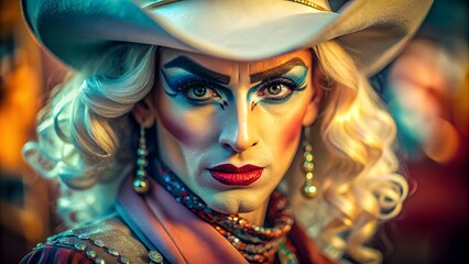 Kitsch Cowboy Drag Queen Portrait - Campy Fashion and Makeup Close-up Stock Photo