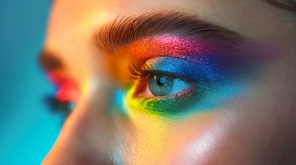 Close up, woman's face with a artistic rainbow color make-up. Beauty, Fashion, Cosmetics. Eye shadows, glitter, gradient, neon. Pride Festival, Carnival, Party, Fun. Diversity, Equality, Human Rights