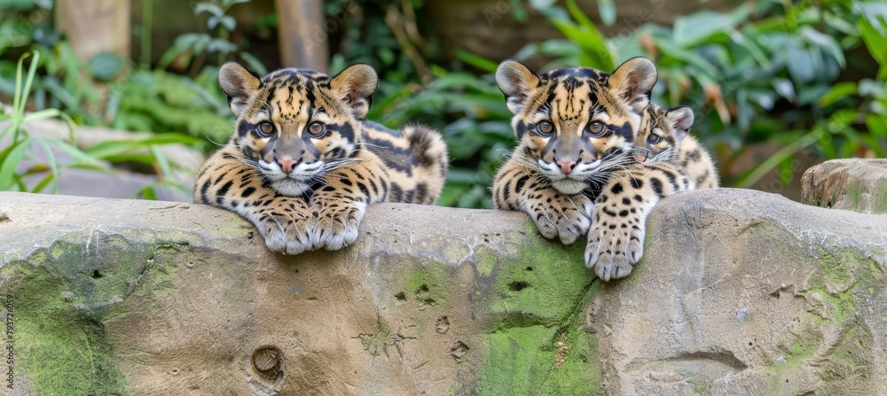 Poster clouded leopard and cub portrait with text space, object on right, ideal for message placement