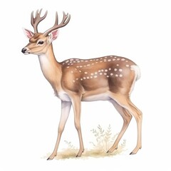 A watercolor painting of a deer standing on a grassy field