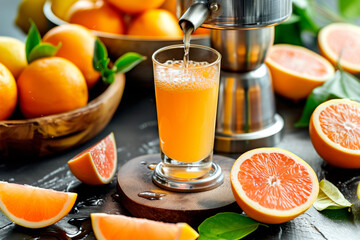 Fresh orange juice is being poured from a bar citrus press into a clear drinking glass