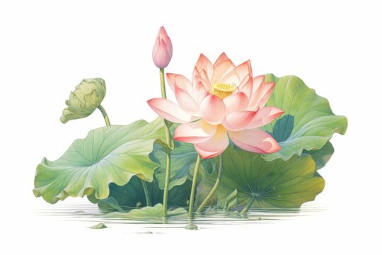 A watercolor painting of a pink lotus flower with green leaves and a bud on a white background.