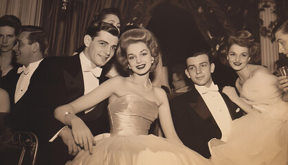 group of young people at party, sepia film vintage photo 1940, 1950	
