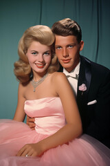 young engaged couple in dress prom king and queen, vintage color photo 1960s
